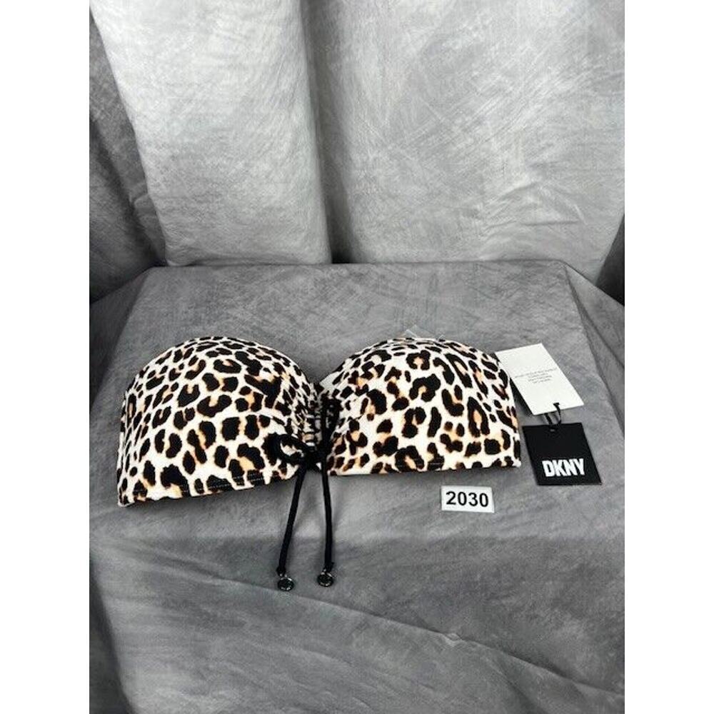 DKNY Women's Wild Thing Soft White Leopard-Print Bandeau Tie-Front Bikini Top, M - Picture 2 of 6
